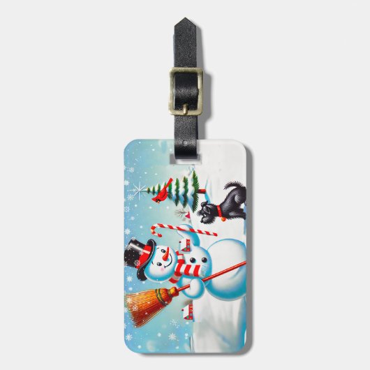 レトロ雪だるま、かわいい犬、赤い（鳥）ショウジョウコウカンチョウと木 ラゲッジタグ (正面縦)