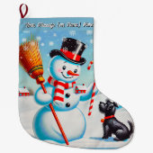 レトロ雪だるま、かわいい犬、赤い(鳥)ショウジョウコウカンチョウと木 ラージクリスマスストッキング (正面)