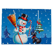 レトロ雪だるま、かわいい犬、赤い（鳥）ショウジョウコウカンチョウと木 ラージペーパーバッグ (裏面)