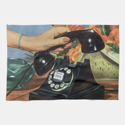 レトロ電話(ロータリダイヤル付き)、ヴィンテージ業 キッチンタオル (横)