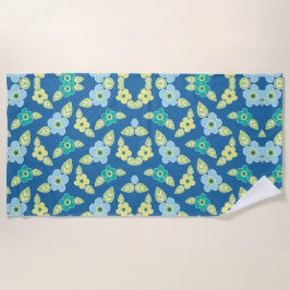 レトロ青い花のパターン ビーチタオル
