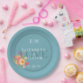 レトロ青パッ結婚プ上のバラとフレーム ペーパープレート (パーティー)