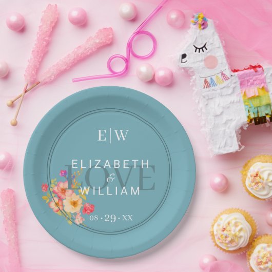 レトロ青パッ結婚プ上のバラとフレーム ペーパープレート (パーティー)