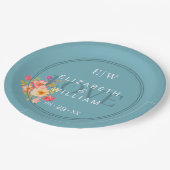 レトロ青パッ結婚プ上のバラとフレーム ペーパープレート (アングル)