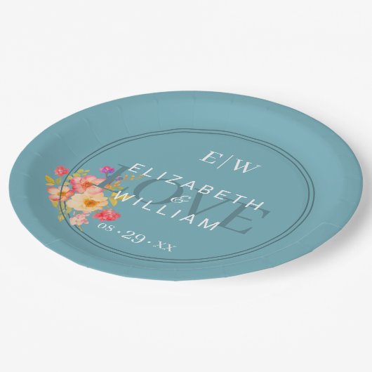 レトロ青パッ結婚プ上のバラとフレーム ペーパープレート (アングル)