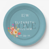 レトロ青パッ結婚プ上のバラとフレーム ペーパープレート (正面)