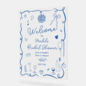 レトロ青色手描き図解入りの、写真付きのブライダルシャワー アクリルサイン (傾斜)