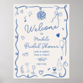レトロ青色手描き図解入りの、写真付きのブライダルシャワー ポスター (正面)