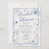 レトロ青色手描き図解入りの、写真付きのブライダルシャワー 招待状 (正面)