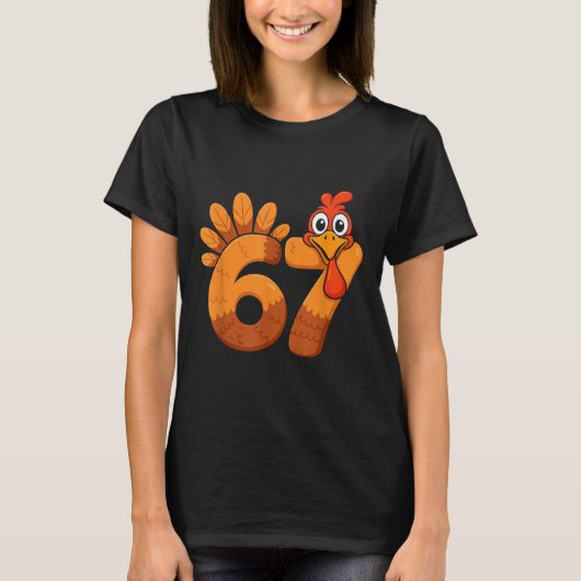 レトロ面白いシックスセブン 6 7 ミーム 感謝祭 七面鳥 Tシャツ (正面)