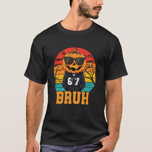 レトロ面白い67ハロウィンメームBruhクールカボチャ頭 Tシャツ (正面)