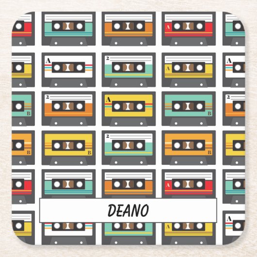 レトロ音楽カセットテープDJおよびミュージシャン スクエアペーパーコースター (正面)
