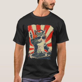 レトロ音楽好きアートのヘッドホンを付けためかしいDJ猫 Tシャツ