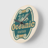 レトロ風のマーメイドのシーフードラベル ラウンド壁時計 (傾斜)