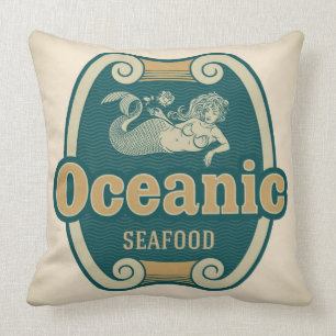 レトロ風の人魚の海の幸ラベル クッション