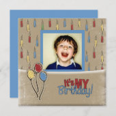 レトロ風バルーン少年写真誕生日招待状 招待状 (正面/裏面)