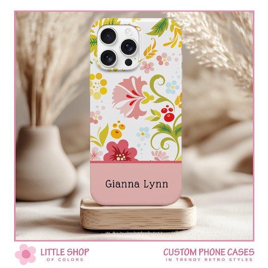 レトロ風ピンクの花のモノグラム Case-Mate iPhoneケース