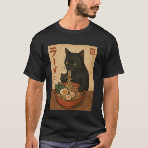 レトロ風 和風ラーメンを食べる黒猫 面白い Tシャツ