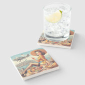 レトロ飛行機のピンアップイラストレーション ストーンコースター (横)