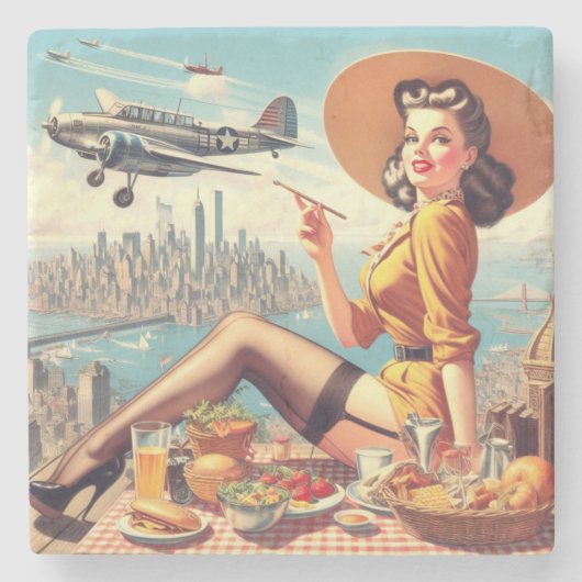 レトロ飛行機のピンアップイラストレーション ストーンコースター (正面)