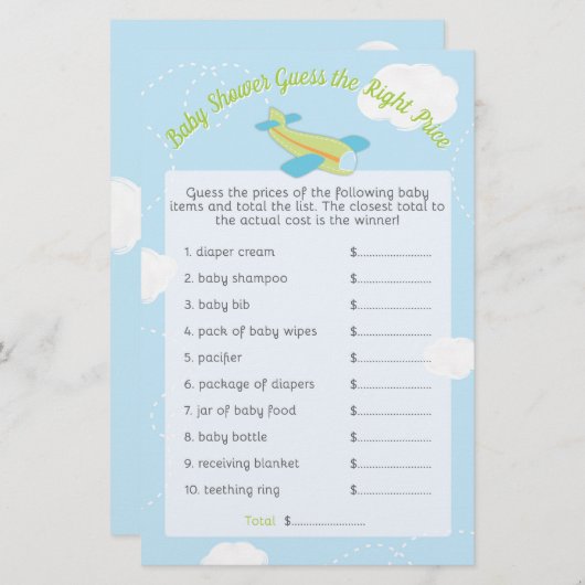 レトロ飛行機ベイビーシャワー推定右プライスゲーム (正面/裏面)