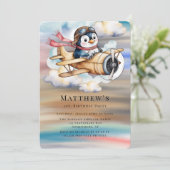 レトロ飛行機ペンギンボーイ 1歳の誕生日パーティー 招待状 (スタンド正面)