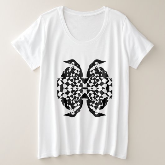 レトロ高ファッション市松模様に塗り女性 プラスサイズTシャツ (デザイン正面)