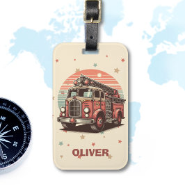 レトロ魅力的ヴィンテージ消防車アットサンセットホテル ラゲッジタグ