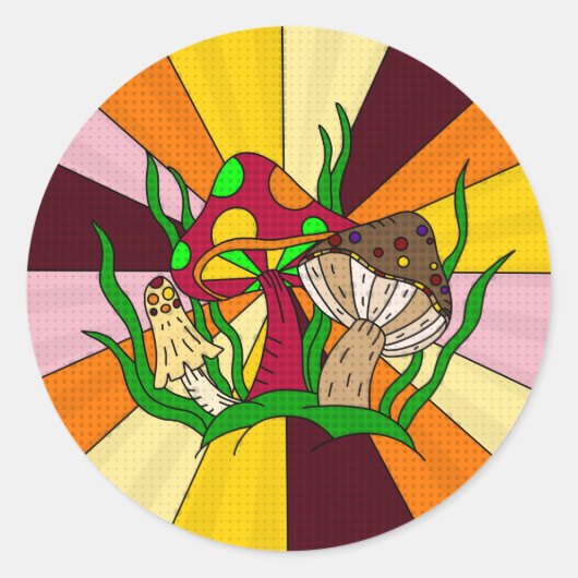 レトロ魔法マッシュルーム手描きアート ラウンドシール (正面)