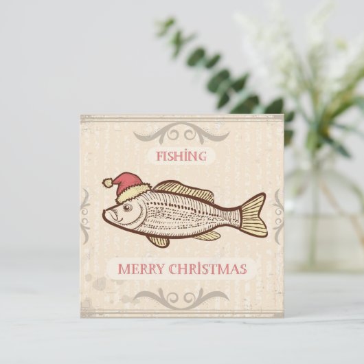 レトロ魚釣りサンタハットのクリスマスフィッシュ シーズンカード (スタンド正面)