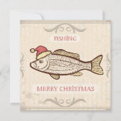 レトロ魚釣りサンタハットのクリスマスフィッシュ シーズンカード (正面)