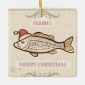 レトロ魚釣りサンタハットのクリスマスフィッシュ セラミックオーナメント (正面)