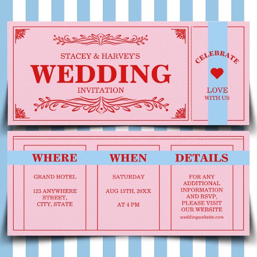 レトロ鮮やかカラーブロックレッドピンクブルーエステティック 招待状