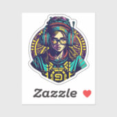 レトロ鮮やかグルーヴクール:ヘッドフォン付き少女 シール (シート)