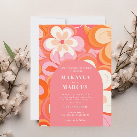 レトロ鮮やかピンクアーチ結婚式招待状 招待状