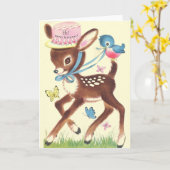 レトロ鹿および青色鳥誕生日グリーティングカード カード (黄色い花)