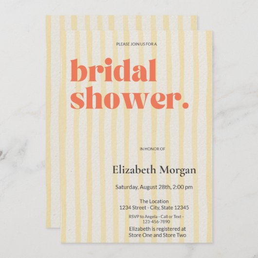 レトロ黄ストライプ色シンプルブライダルシャワー 招待状 (正面/裏面)