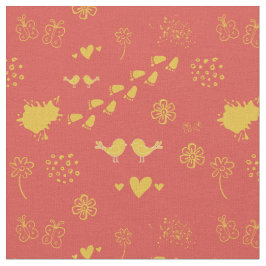 レトロ黄色と赤の鳥のパターン，ドット，足 ファブリック