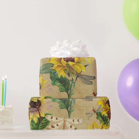 レトロ黄色ひまわりトンボ昆虫 ラッピングペーパー (パーティーギフト)