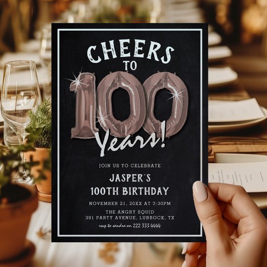 レトロ黒板とゴールドバルーンの100歳の誕生日 招待状