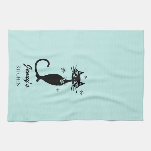 レトロ黒猫キッチンタパーソナライズされたオル キッチンタオル (横)