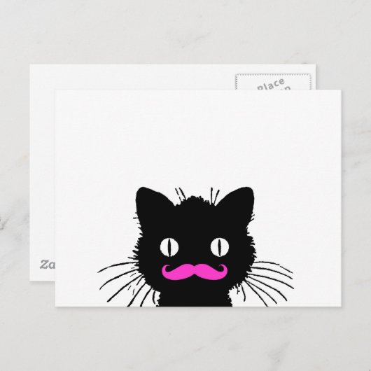 レトロ黒猫ピンクおもしろいの口髭 ポストカード (正面/裏面)