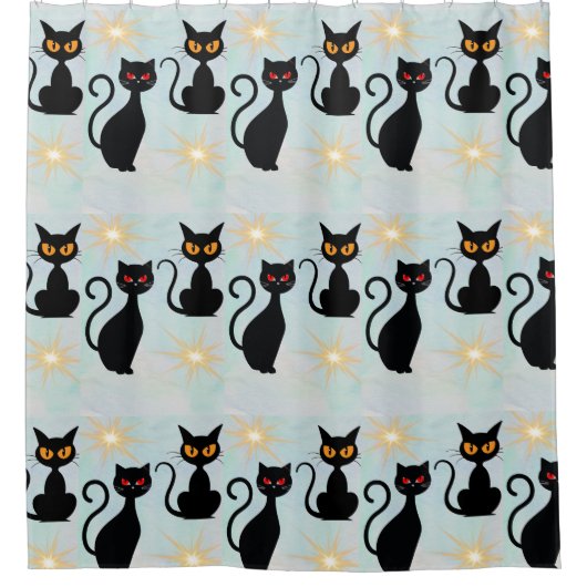 レトロ黒猫1950年代スターバスト シャワーカーテン (正面)