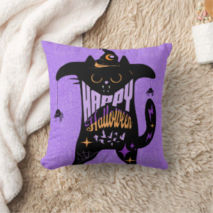 レトロ黒猫 楽しいハロウィン クッション