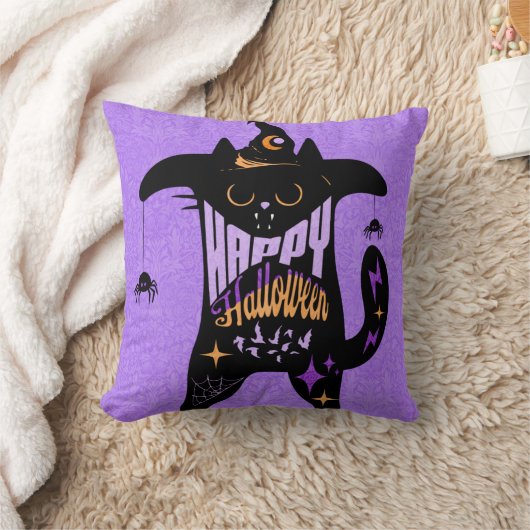 レトロ黒猫 楽しいハロウィン クッション (ブランケット)