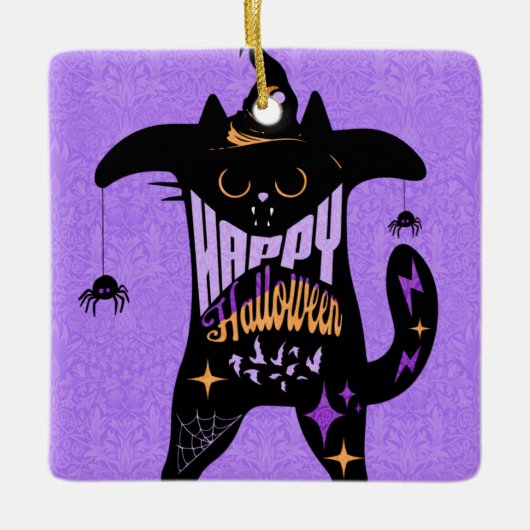 レトロ黒猫 楽しいハロウィン セラミックオーナメント (正面)