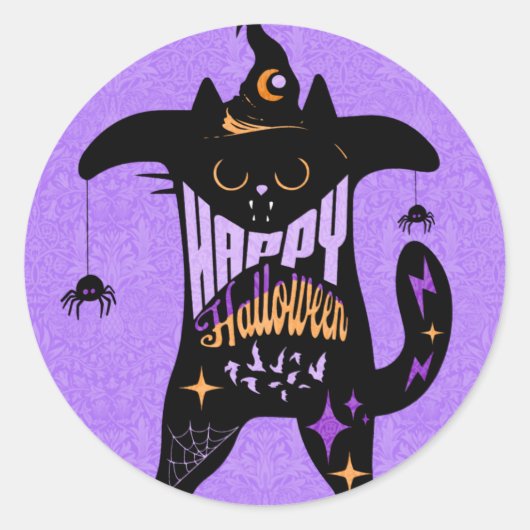 レトロ黒猫 楽しいハロウィン    ラウンドシール (正面)