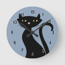 レトロ黒猫 青 ラウンド壁時計