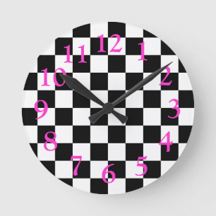 レトロ黒/白/ホットピンクチェッカーボードパターン ラウンド壁時計
