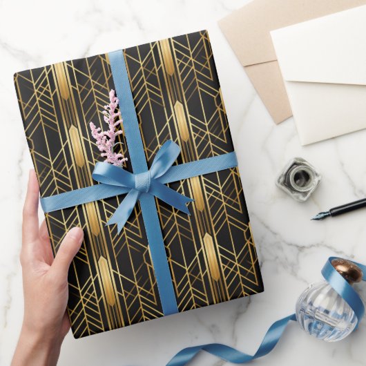 レトロ1920sアールデコブラック金ゴールド幾何学的パターン ラッピングペーパー (ギフト)